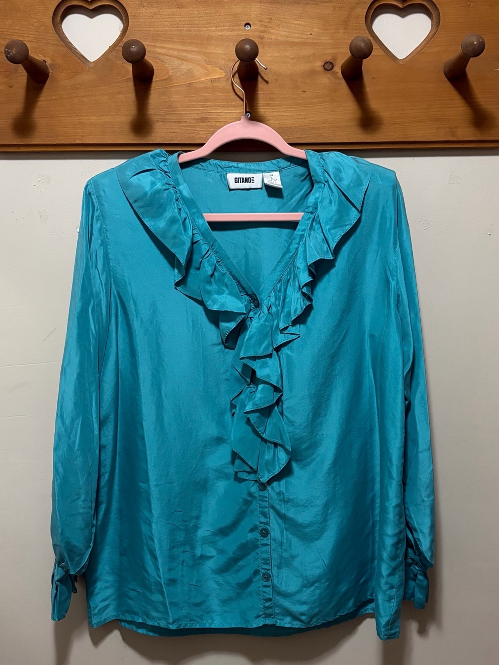 VINTAGE 100% Silk Gitano Teal Ruffle Blouse Womenโs L